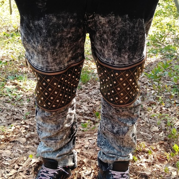 NWT Men Designer Rhinestone & Leather Skinny Jeans - Picture 2 of 8